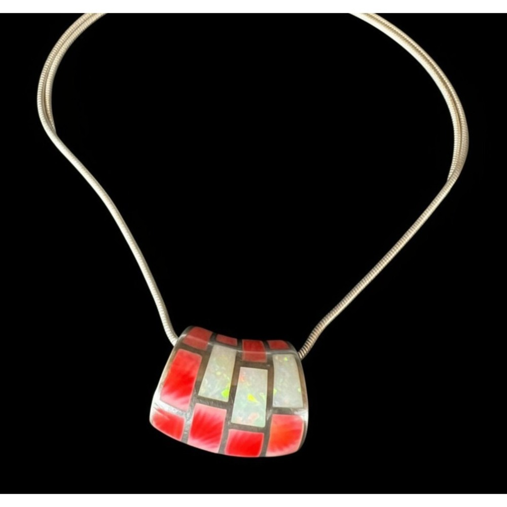 Sterling Silver Southwestern Spiny Oyster Opal Inlay Pendant Necklace 925 Chain